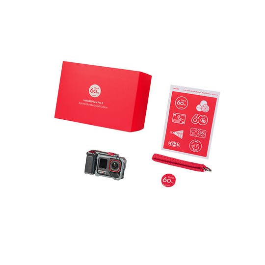 Product set with two cameras, a red box, and a pen on a white background