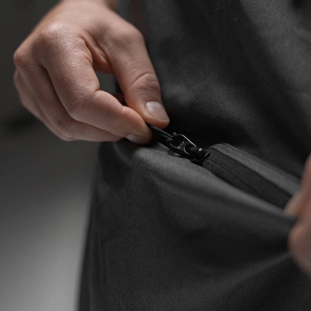 close up view of charcoal poncho zipper