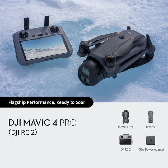 DJI Mavic 4 Pro drone and controller on a snowy background