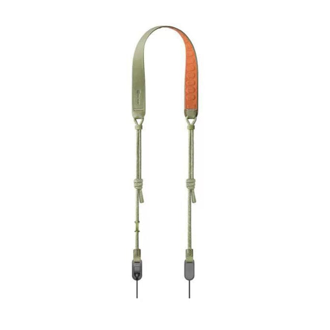 Camera strap with green and orange color on a white background