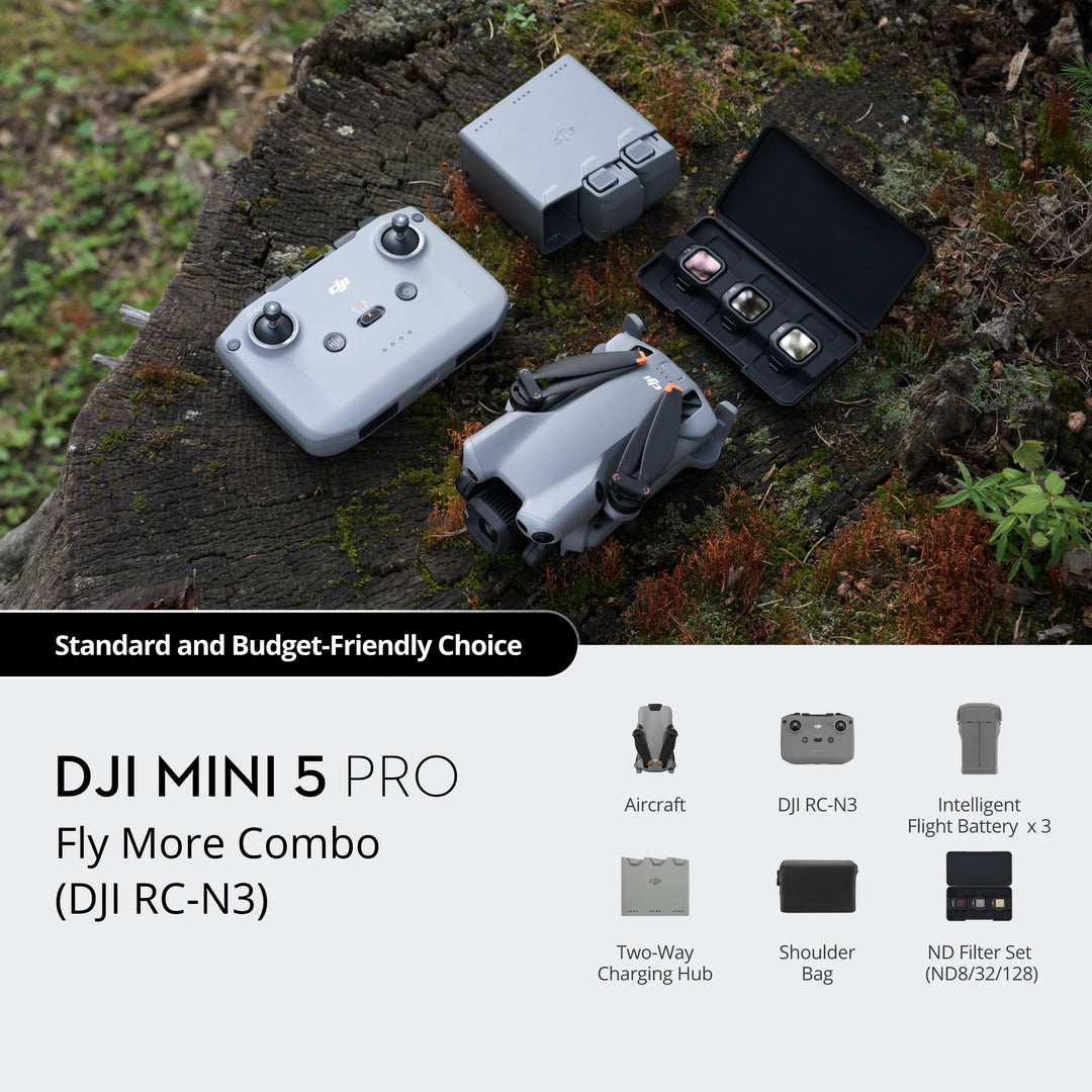 DJI Mini 5 Pro Fly More Combo on a tree stump with product details below.