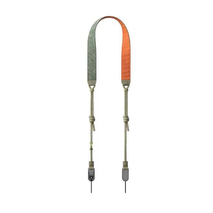 Camera strap with orange and gray design on a white background