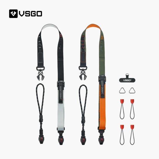VSGO camera strap set with various attachments on a white background