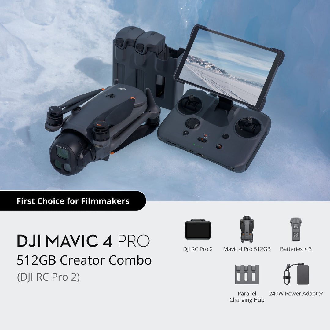DJI Mavic 4 Pro Creator Combo with remote control and accessories on a snowy background