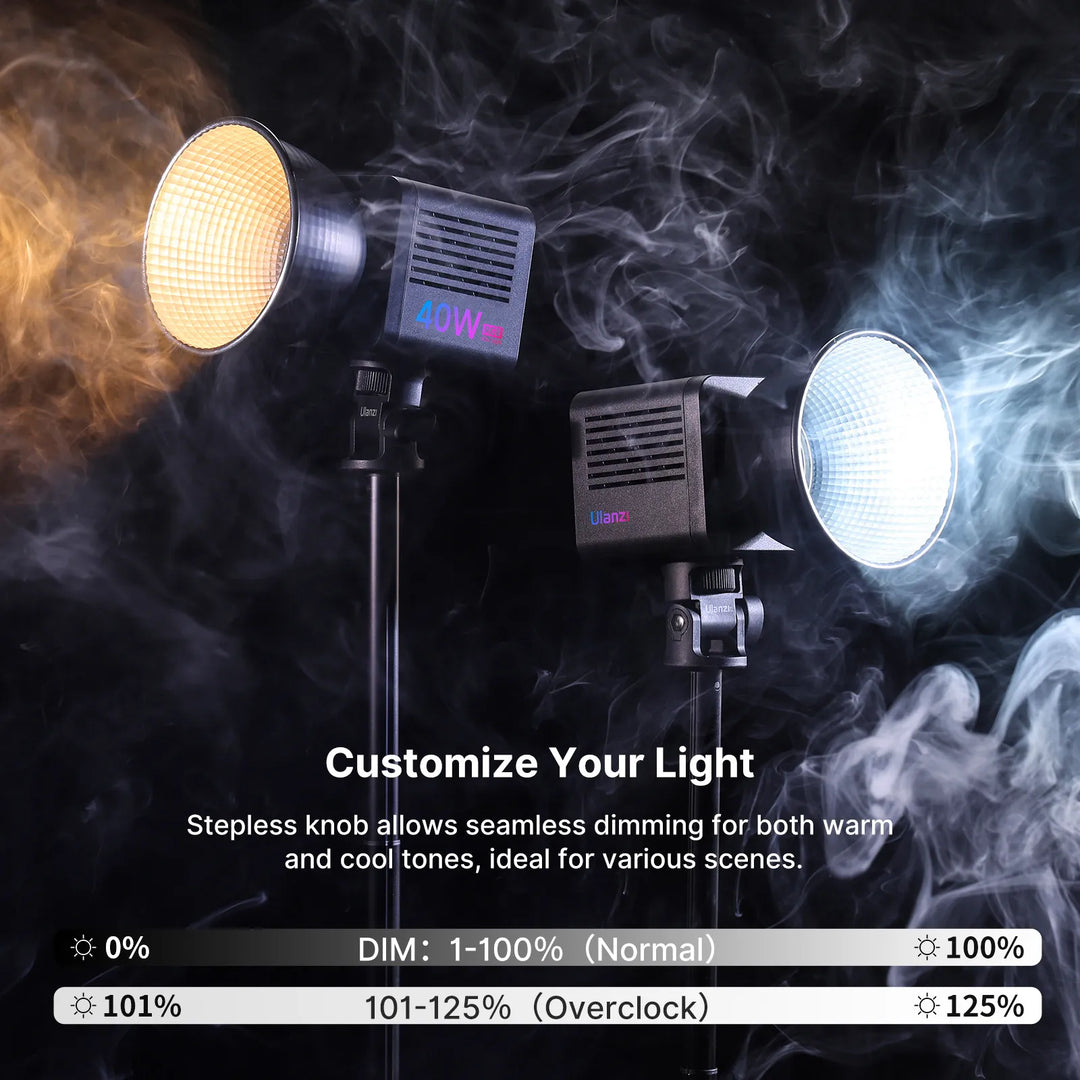 Two studio lights with smoke effects on a dark background, featuring a stepless knob for light customization.