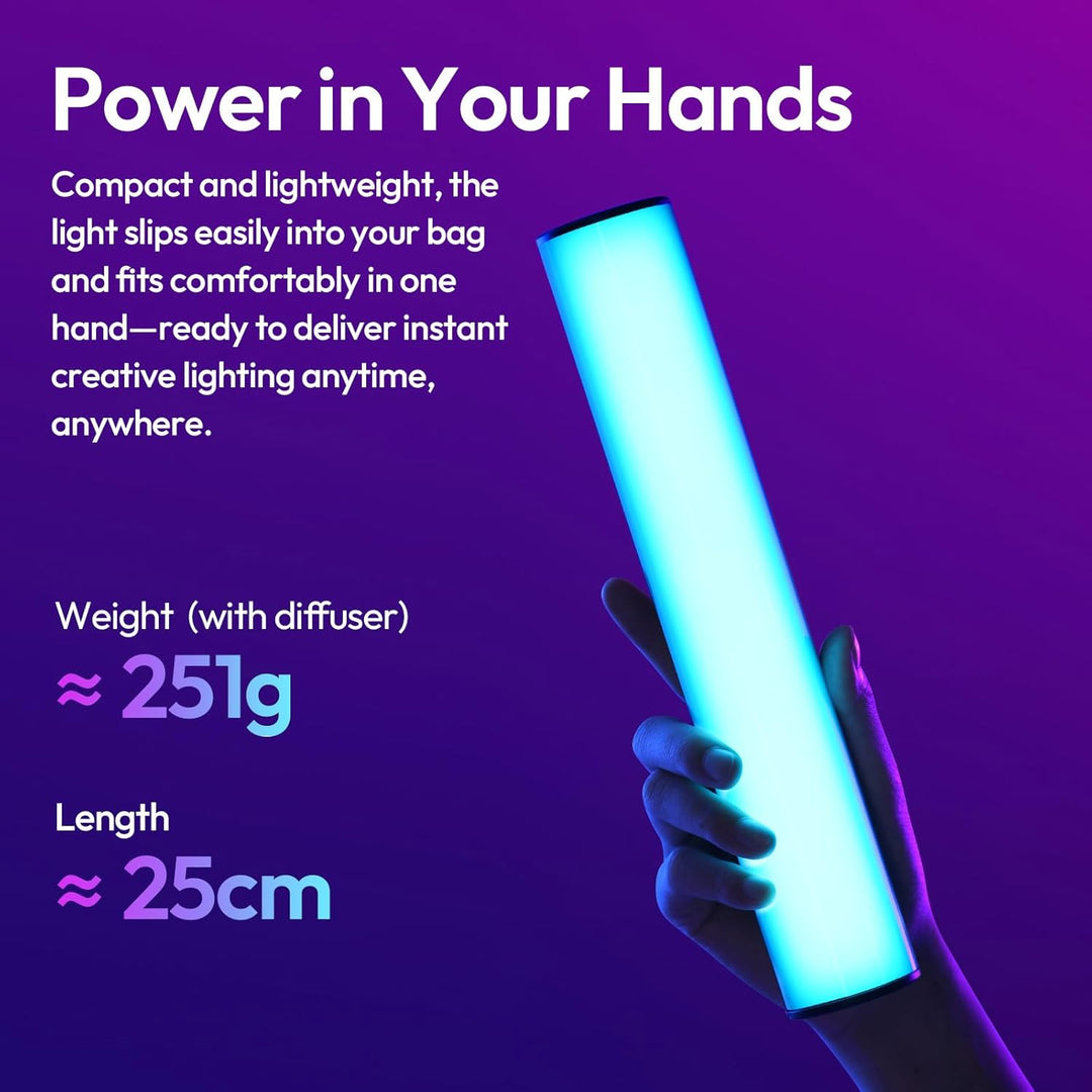 Light blue cylindrical product held in a hand against a purple background with text about its features.