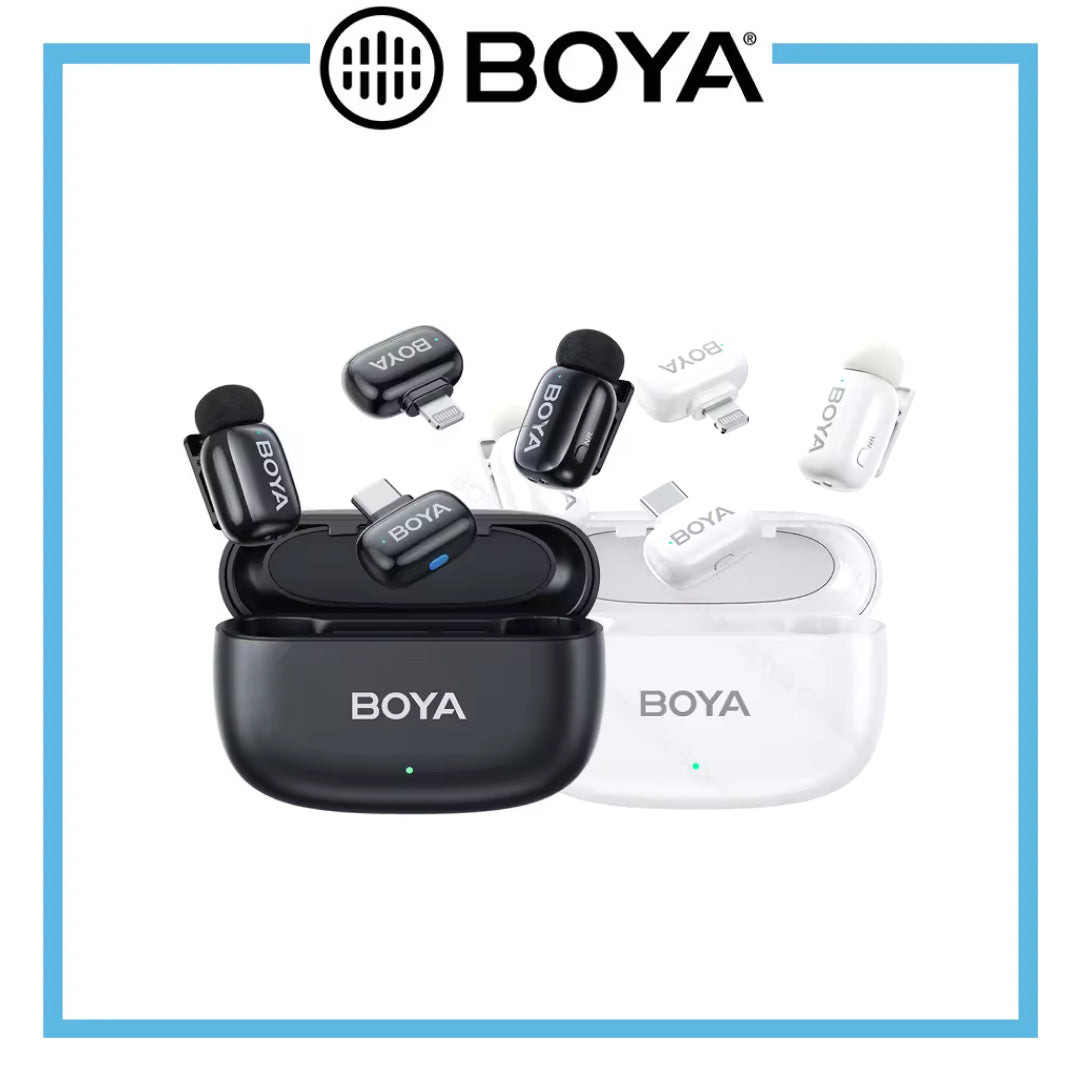 BOYA mini wireless microphone system, including black and white transmitter units and charging cases.