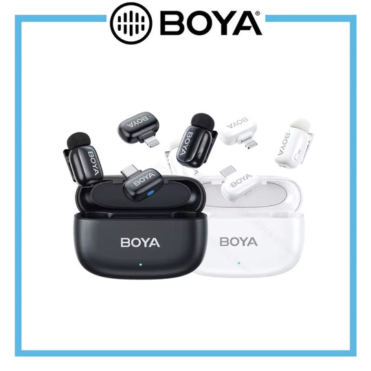BOYA mini wireless microphone system, including black and white transmitter units and charging cases.