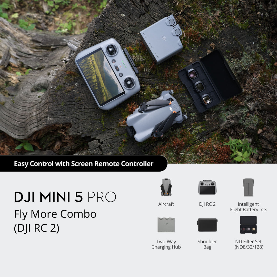 DJI Mini 5 Pro Fly More Combo with screen remote controller on a wooden surface.