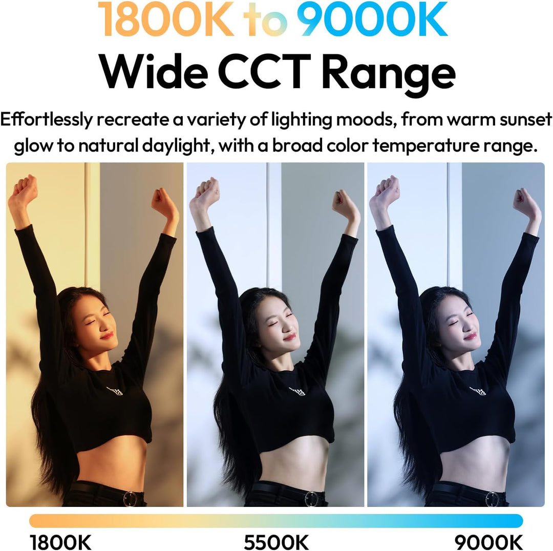 Three images of a person with different lighting conditions showing color temperature range from 1800K to 9000K.