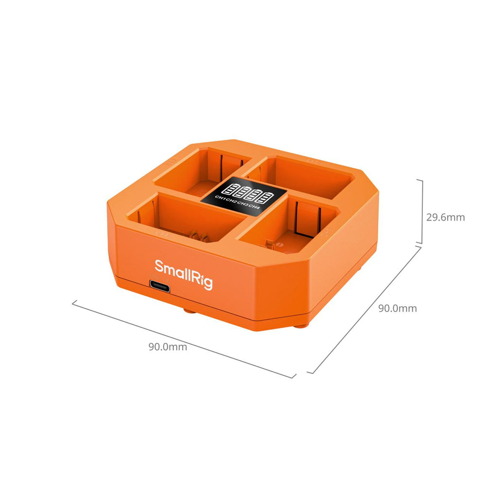 Orange battery charger with 'SmallRig' branding and dimensions on a white background