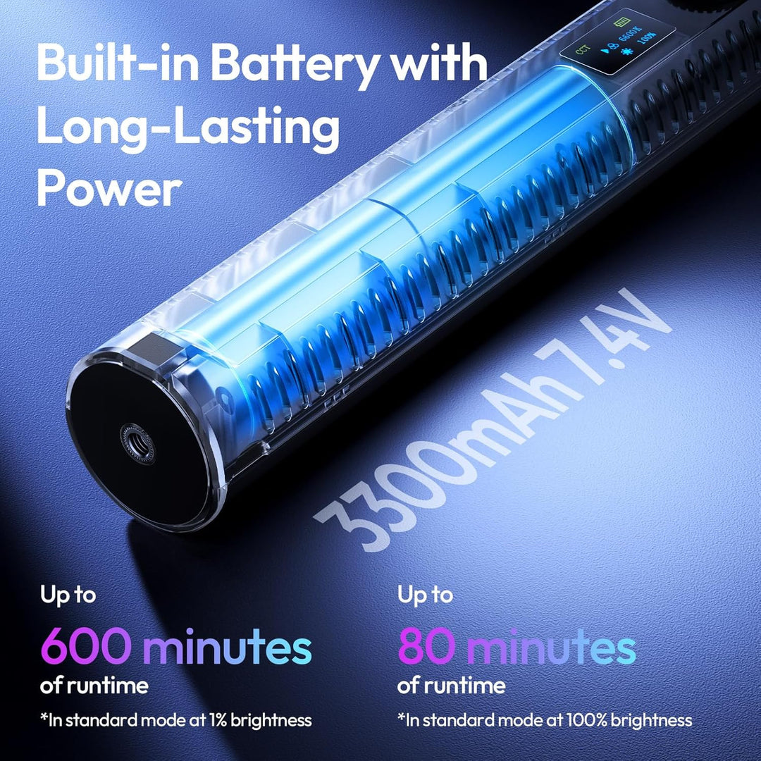 Ultraviolet light bar with text about built-in battery and runtime on a blue background