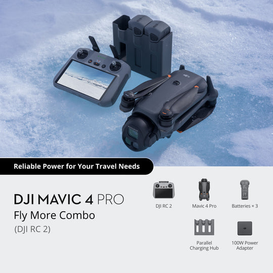 DJI Mavic 4 Pro Fly More Combo with accessories on a snowy background