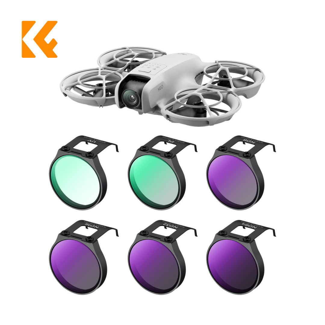 A set of six K&F Concept DJI NEO ND & CPL filters, including various tinted and clear glass filters, designed for reducing light and enhancing color contrast.
