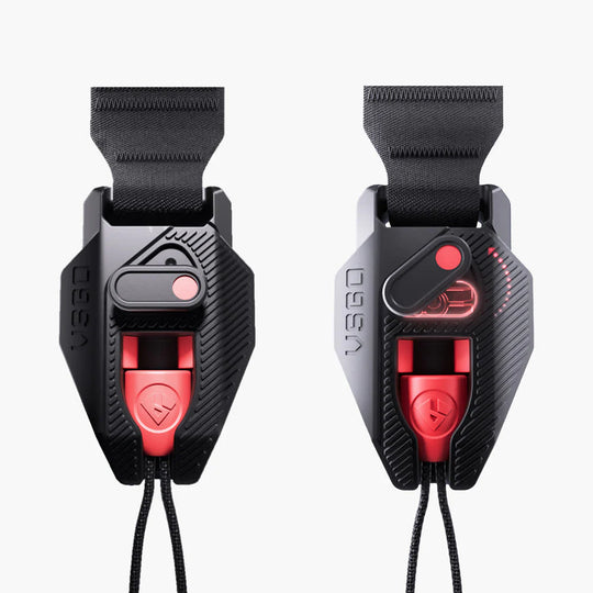 Two black and red camera hook with straps on a white background