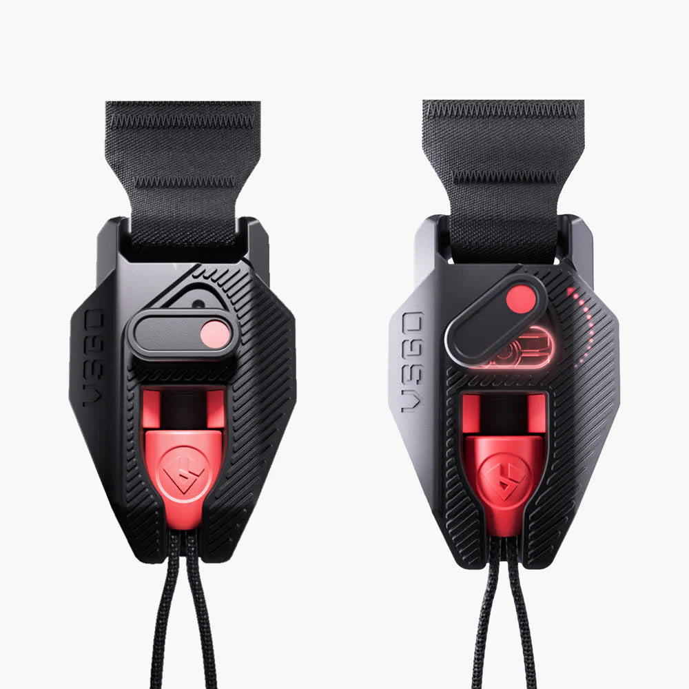 Two black and red VSGO quick release clip on a white background