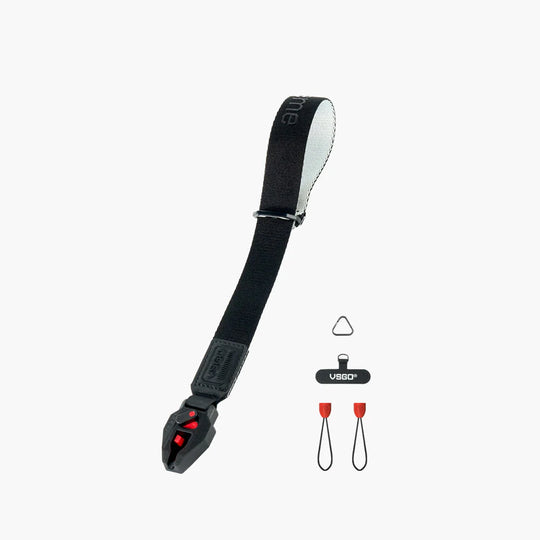 Black VSGO Black Snipe Urban Camera Wrist Strap with quick release clip on a white background