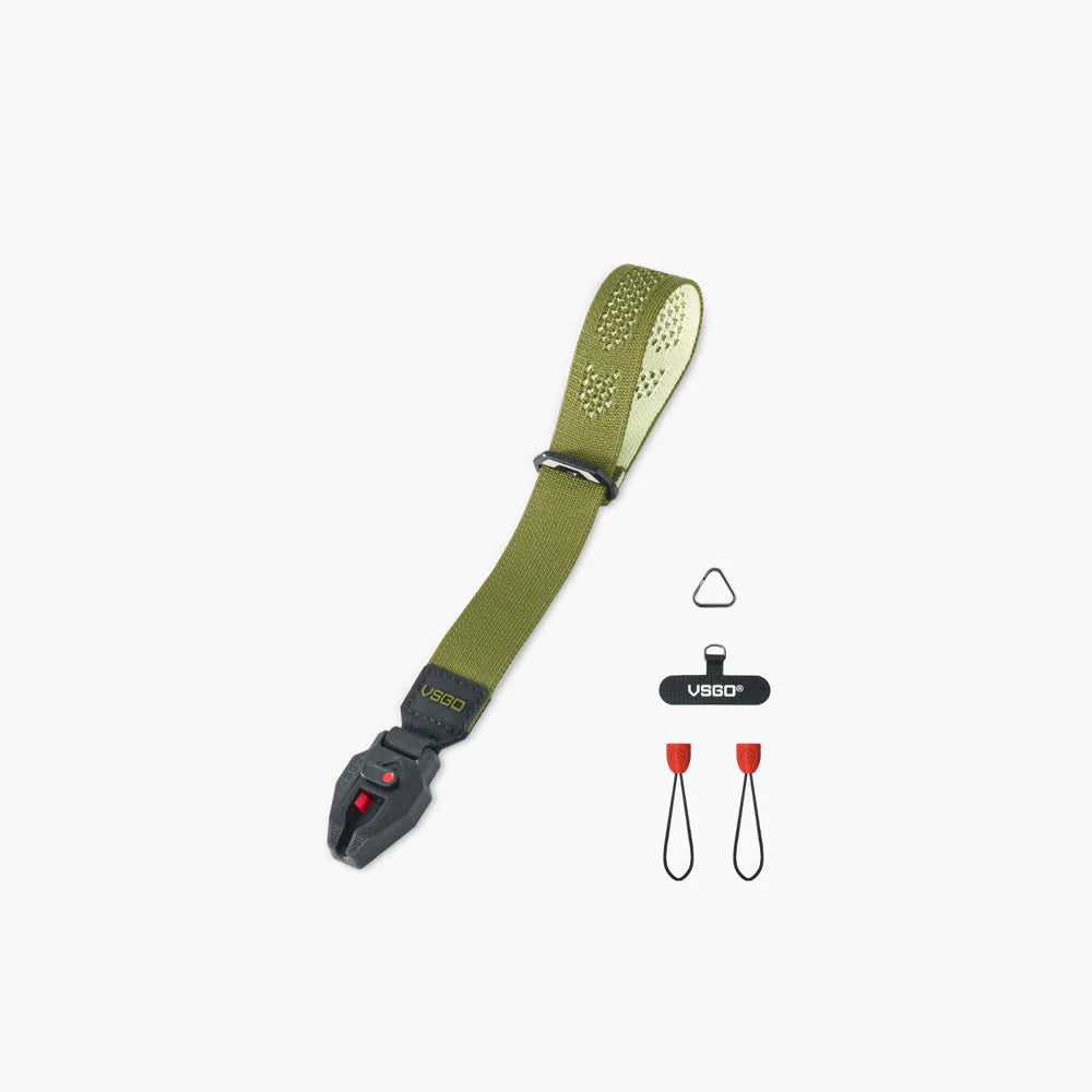 Green camera strap with quick release clip and two red carabiners on a white background