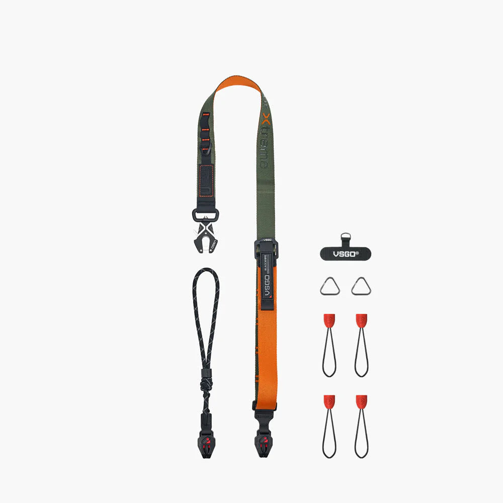 Camera strap with additional attachments on a white background