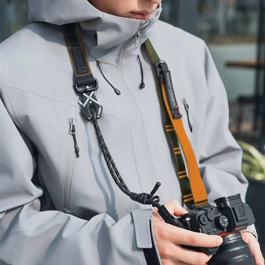 Person wearing a camera strap over a gray jacket, holding a camera.