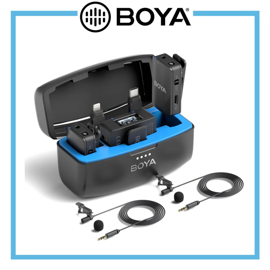 A BOYA wireless microphone system, including a receiver, two microphones, and a charging case.