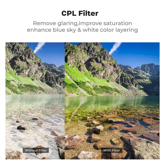 Comparison of a mountain landscape with and without a CPL (Circular Polarizing Filter) on a clear day.