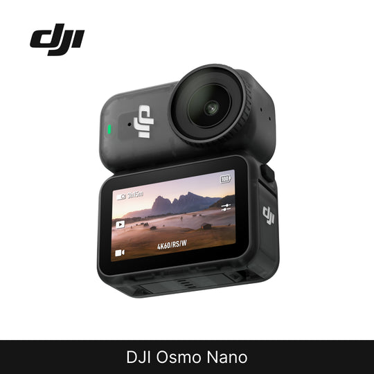 DJI Osmo Nano camera with screen displaying a mountainous landscape on a white background