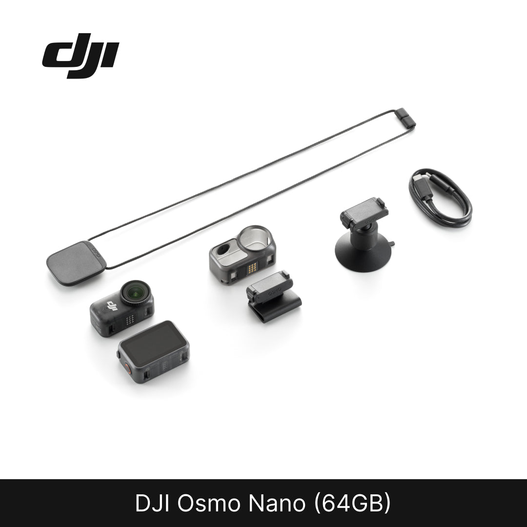 DJI Osmo Nano (64GB) device components on a white background with DJI logo.