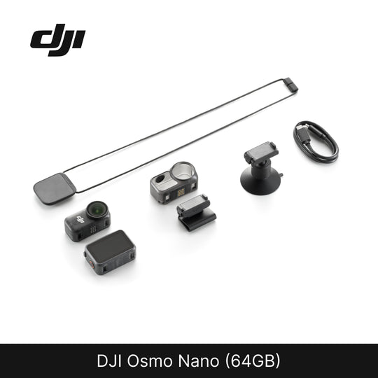 DJI Osmo Nano (64GB) device components on a white background with DJI logo.