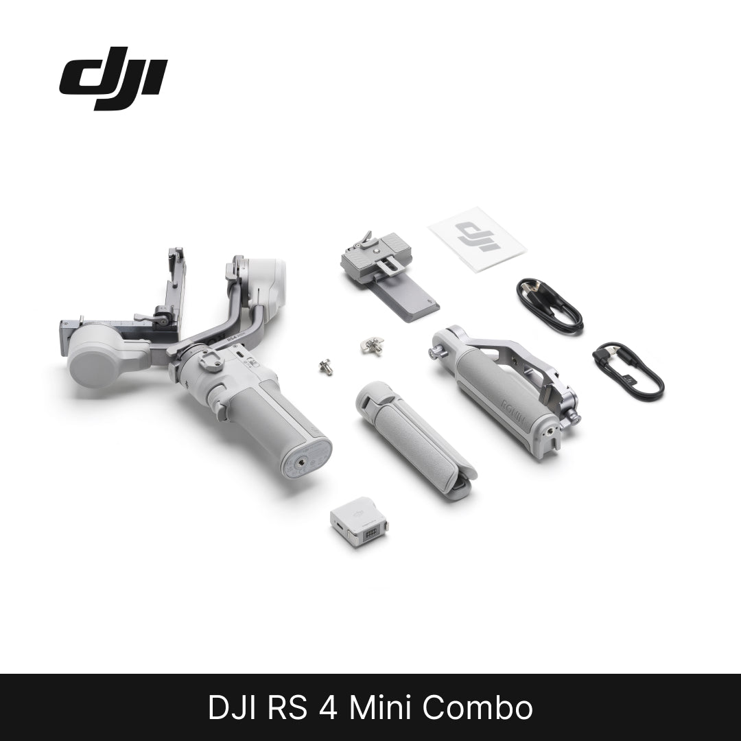 The image shows the DJI RS 4 Mini gimbal, which is compact and lightweight. The set includes the gimbal itself in gray color, a battery, a charger, and other accessories laid out on a white background.