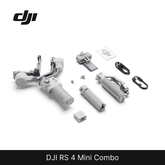 The image shows the DJI RS 4 Mini gimbal, which is compact and lightweight. The set includes the gimbal itself in gray color, a battery, a charger, and other accessories laid out on a white background.