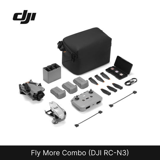 DJI Fly More Combo (DJI RC-N3) with various drone parts on a white background
