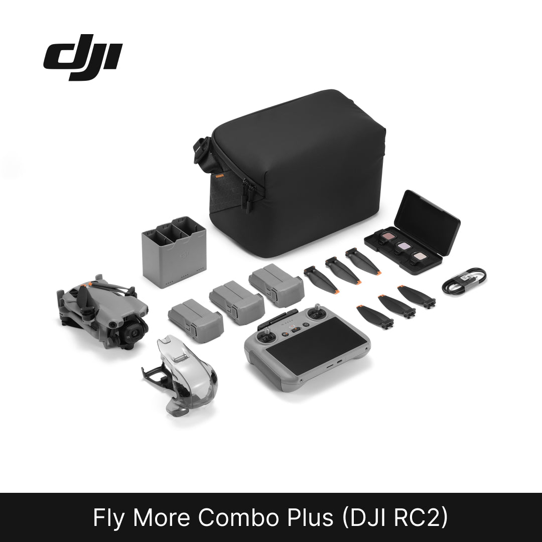 DJI Fly More Combo Plus (DJI RC2) with various components on a white background