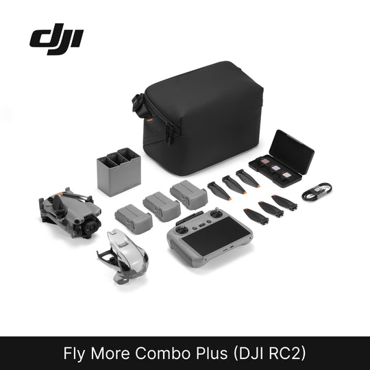 DJI Fly More Combo Plus (DJI RC2) with various components on a white background