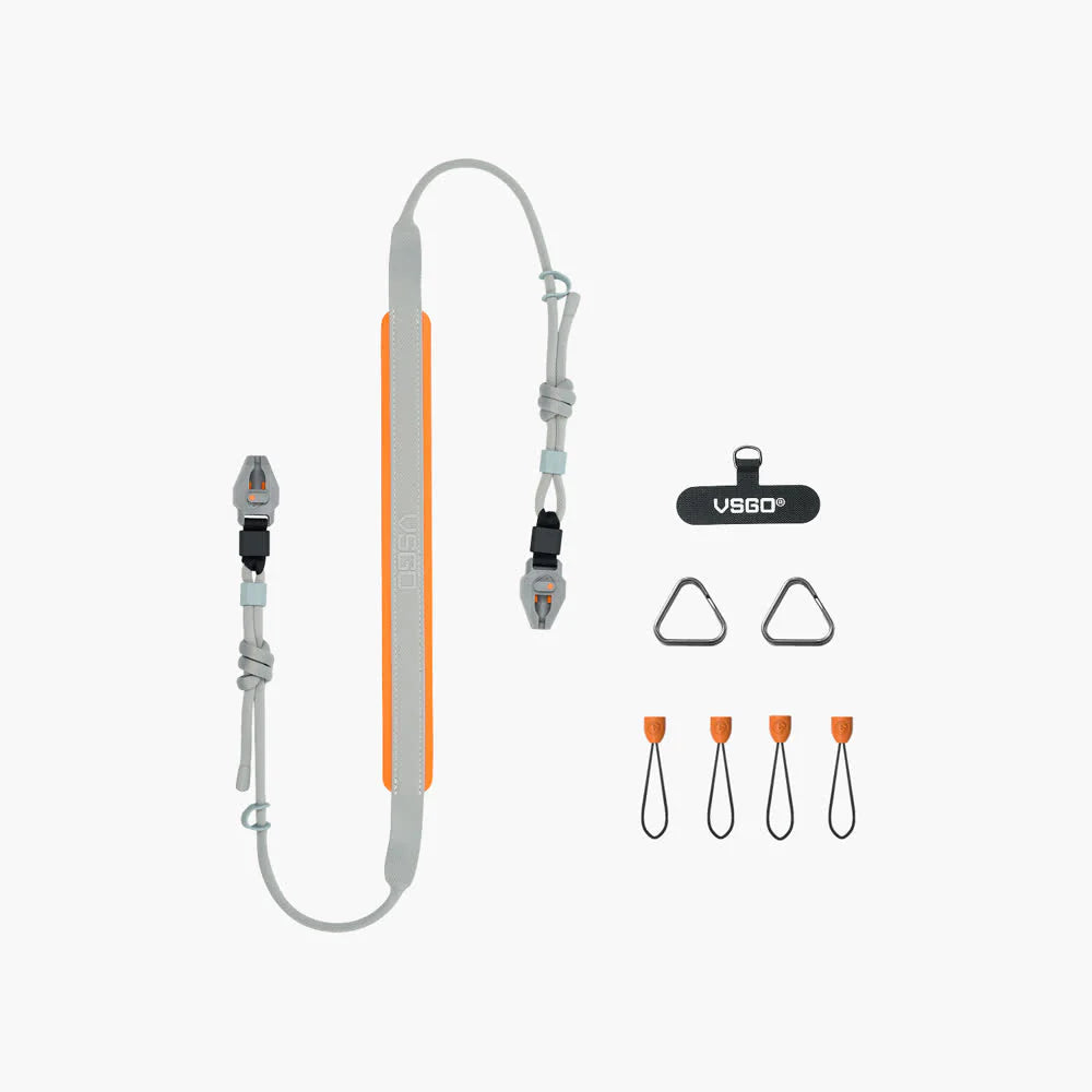 VSGO Black Snipe CASUAL Camera Strap  with lanyard, clips, and hooks on a white background