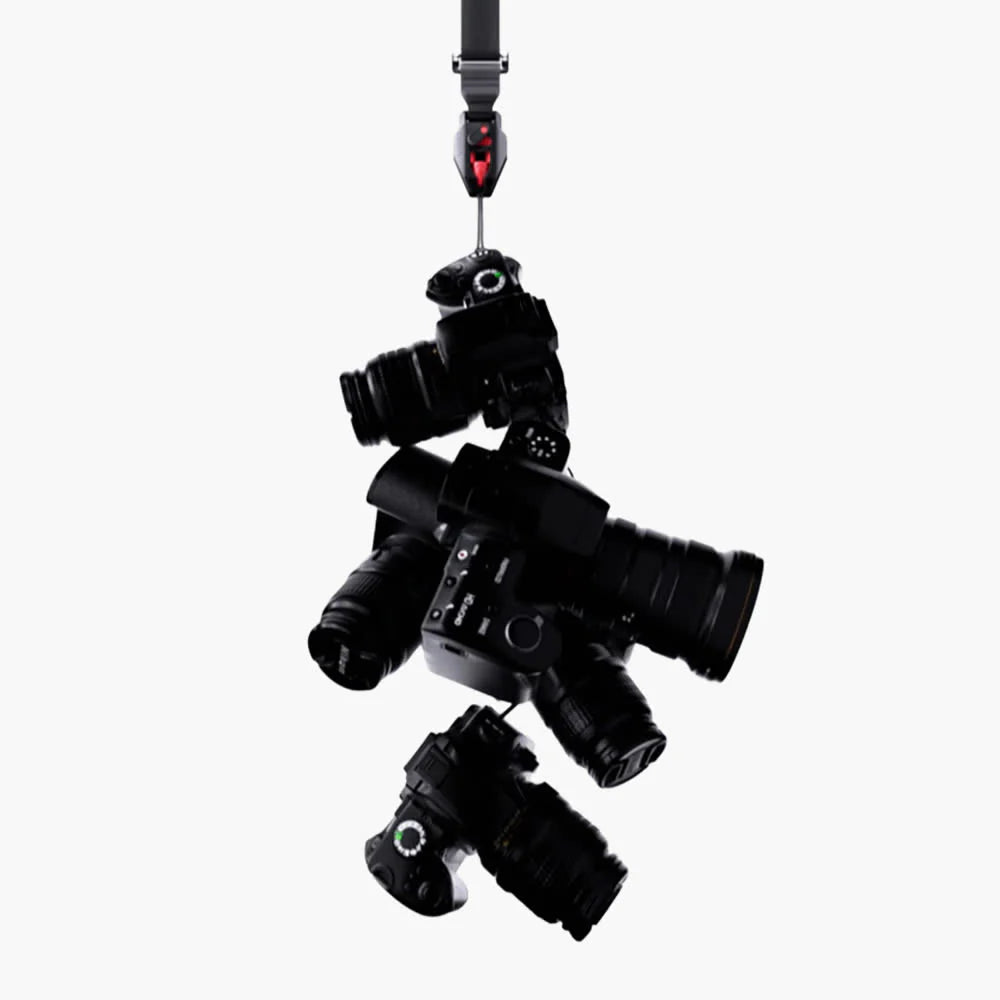 VSGO Black Snipe CASUAL Camera Strap attach to multiple cameras on a white background
