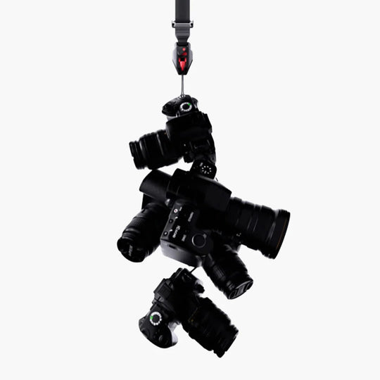 VSGO Black Snipe CASUAL Camera Strap attach to multiple cameras on a white background
