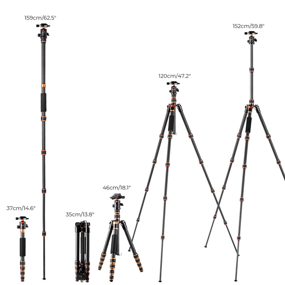 K&F Concept Carbon Fiber Camera Tripod Lightweight Ball Head & Detachable Monopod 1.5m C225C0+BH-25