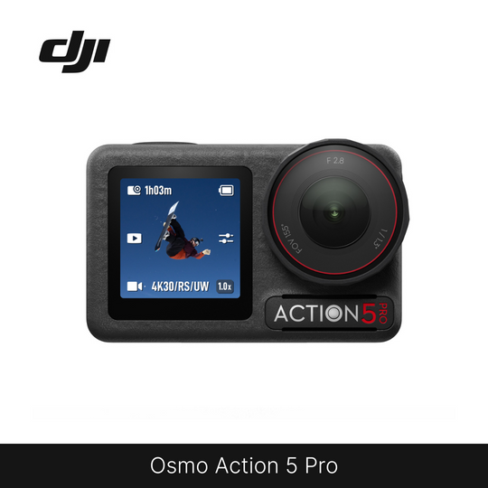 DJI Osmo Action 5 Pro camera with dual display screens showing camera settings and a image of an athlete.