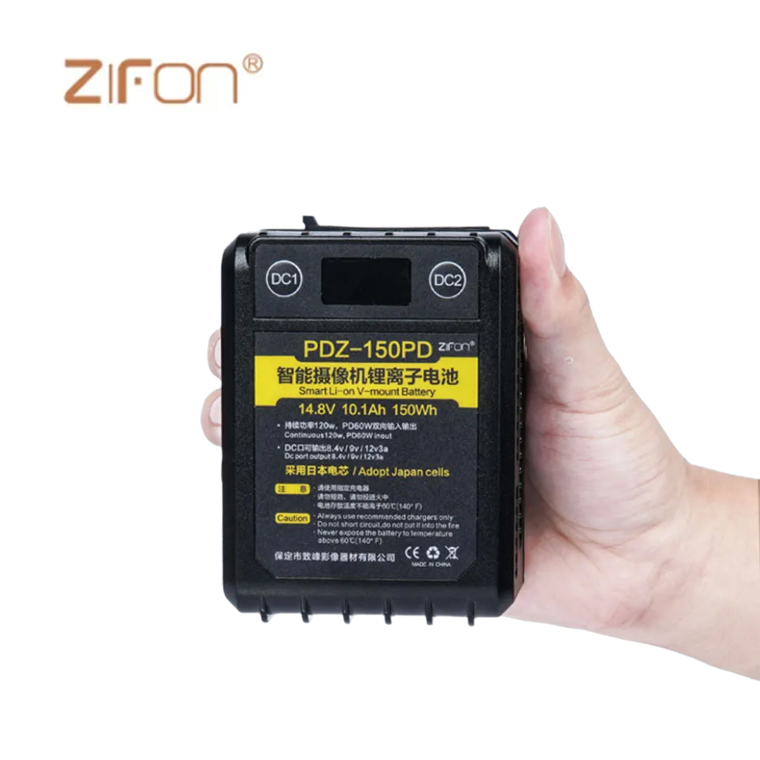 A ZiFon PDZ-150PD 150Wh 14.8V V-mount battery in black color, designed for Aputure lighting equipment, held in a hand.