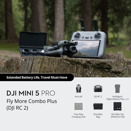 DJI Mini 5 Pro Fly More Combo Plus with controller on a wooden stump in a forest setting
