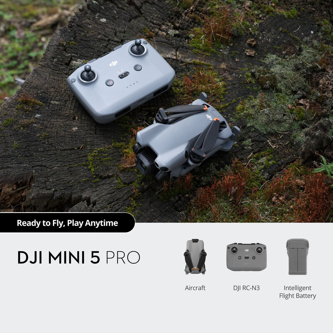 DJI Mini 5 Pro drone and accessories on a wooden surface with text 'Ready to Fly, Play Anytime'.