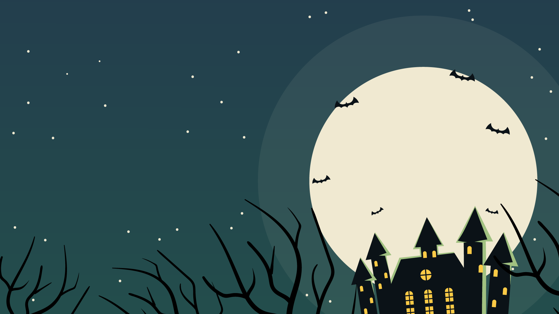 Spooky Halloween scene with a haunted house, full moon, and bats against a dark blue night sky.