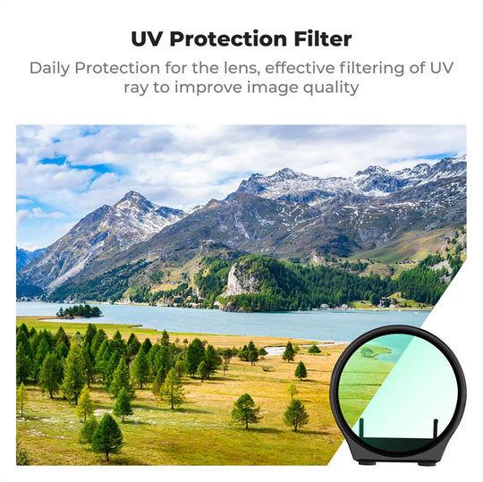 Scenic view of mountains and lake with a UV protection filter in the foreground.