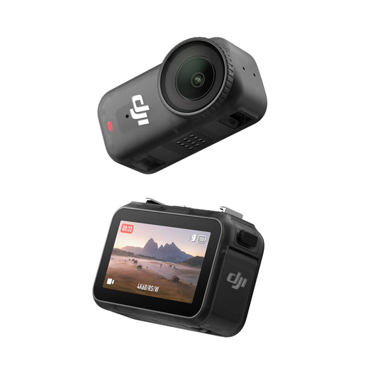 Two DJI action cameras on a white background