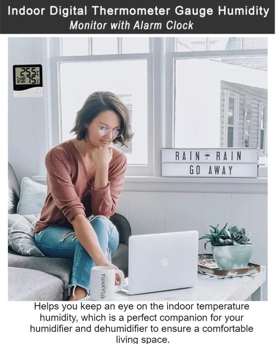 Chromage HTC-1 Indoor Digital Humidity Thermometer Hygrometer, Room Temperature Gauge Humidity Monitor with Alarm Clock , LCD Display(White) - Red Dot Photo