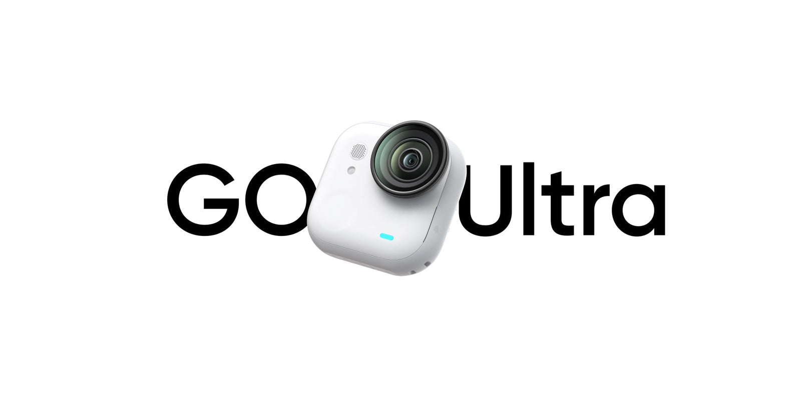 Compact white action camera with large lens on a white background and the text GO Ultra.