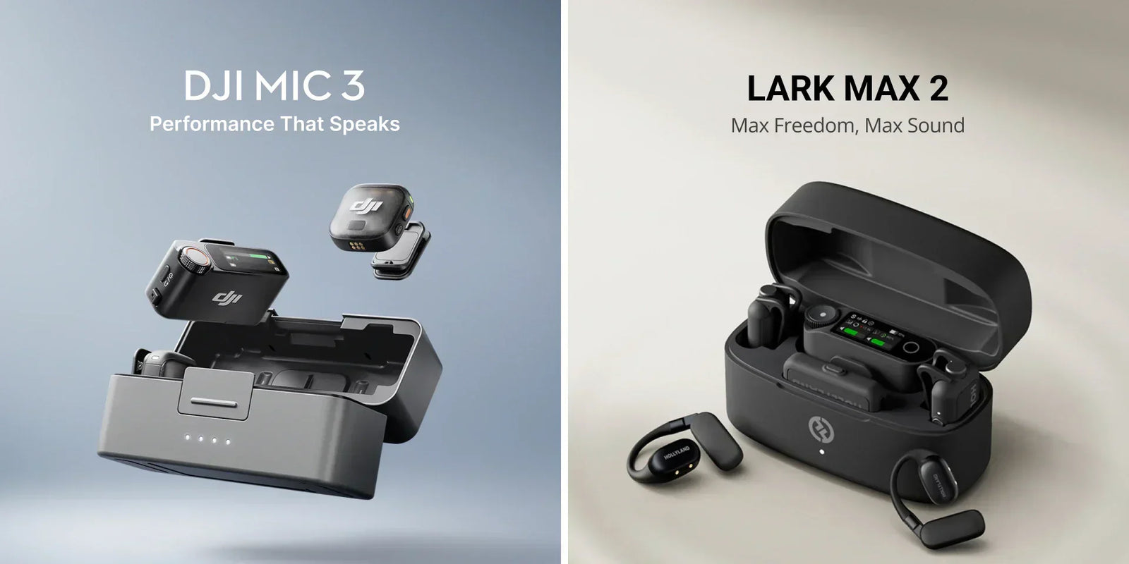 DJI Mic 3 and Lark Max 2 wireless microphone systems with charging cases side by side