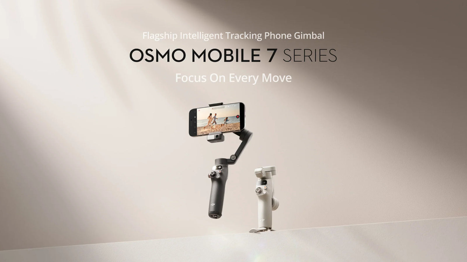 Two DJI Osmo Mobile 7 phone gimbals, one holding a smartphone, displayed on a neutral background.