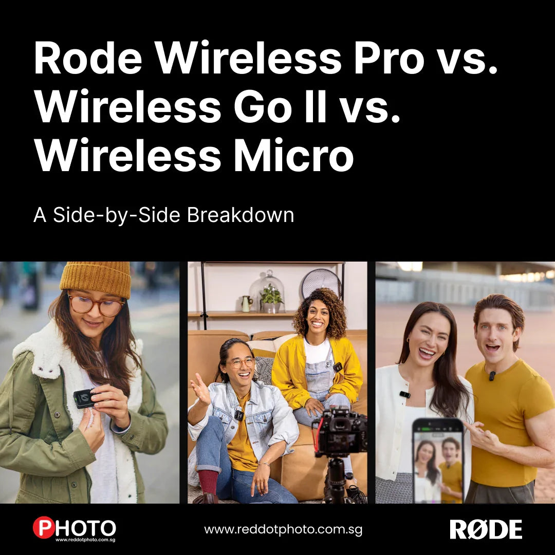 Comparison of Rode Wireless Pro, Wireless Go II, and Wireless Micro microphones, featuring diverse people using wireless microphones in indoor and outdoor vlogging and recording settings.